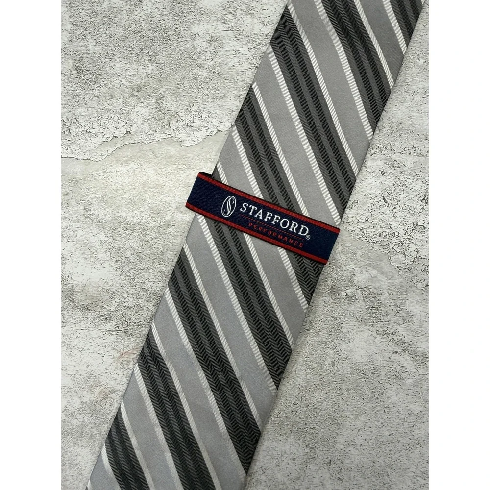 Stafford‎ Tie Mens Silver Striped 100% Silk Satin Pointed Classic One Size New